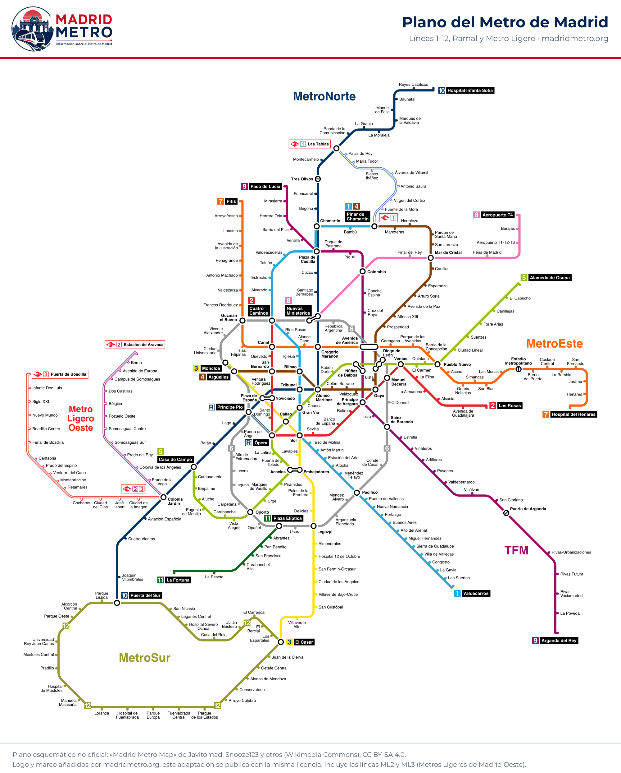Plano del Metro de Madrid con las líneas 1 a 12, el Ramal y el Metro Ligero